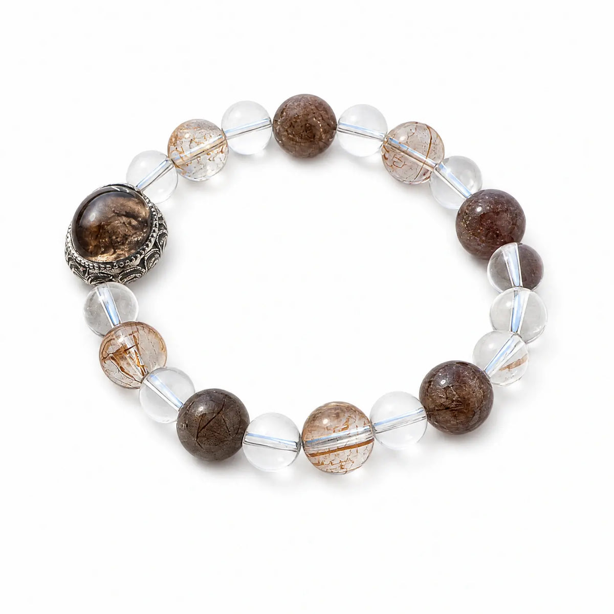 11mm Multi-Stone Crystal Bracelet with Clear Quartz, Copper Rutilated Quartz, Black Rutilated Quartz - rutilated quartz golden inclusion style bracelet main image