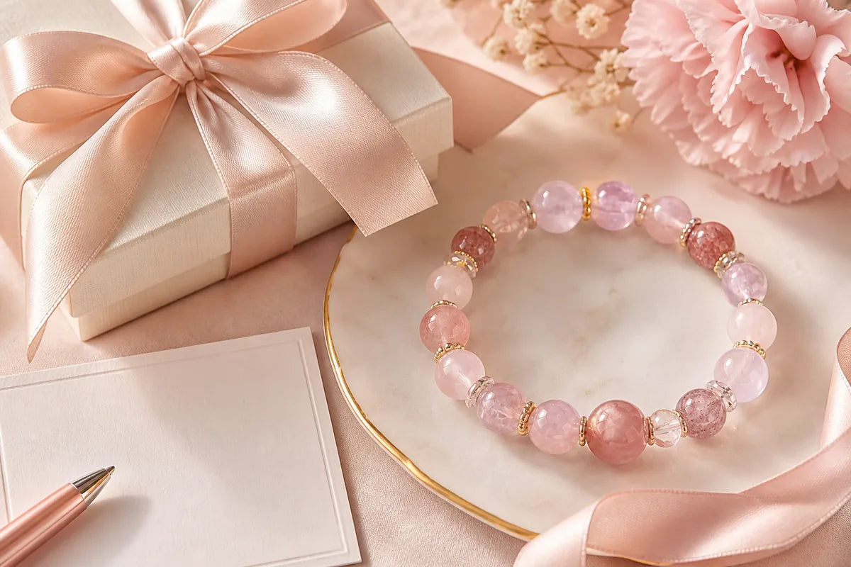 Rose quartz inspired crystal bracelet gift with ribbon