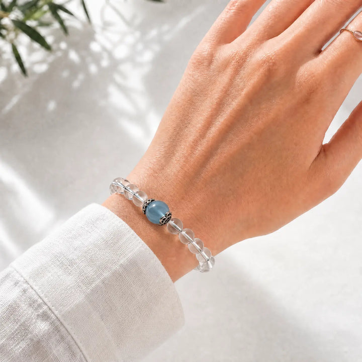 Summer birthday crystal bracelet gift with aquamarine and clear quartz
