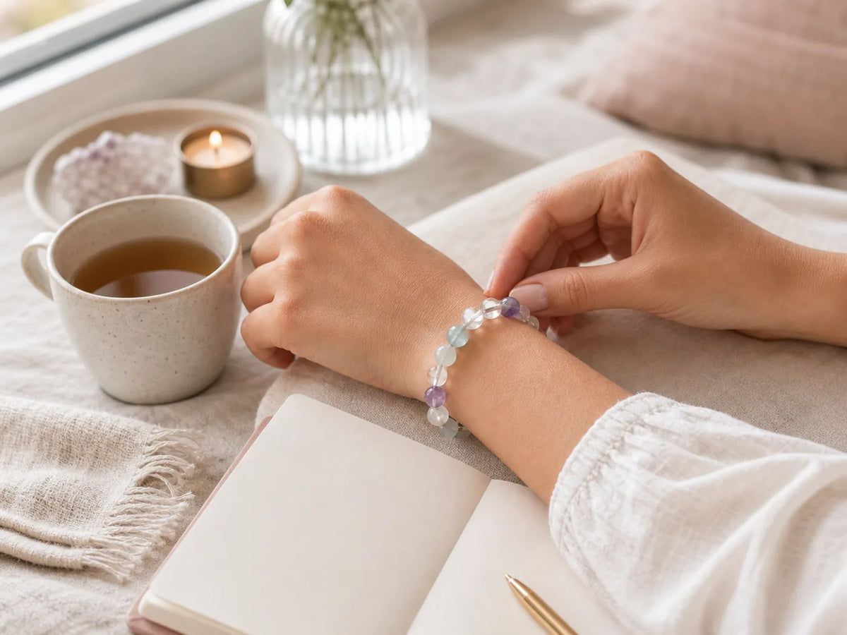 Calm intention bracelet worn beside a notebook and tea in a QZENI lifestyle scene