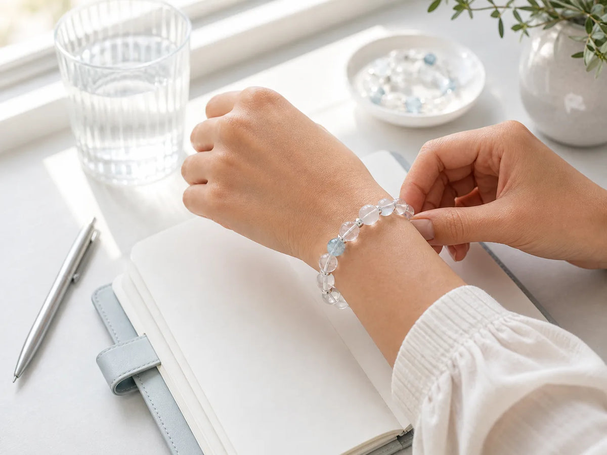 Clear crystal bracelet worn at the wrist to show everyday fit and sizing