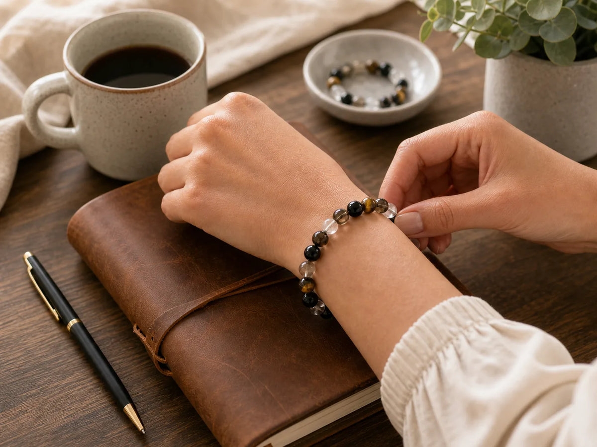 Wrist bracelet fit shown close up beside a notebook for sizing reference