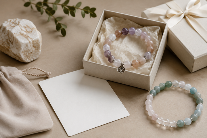 Gift-ready crystal bracelet packaging with soft QZENI stationery and stones