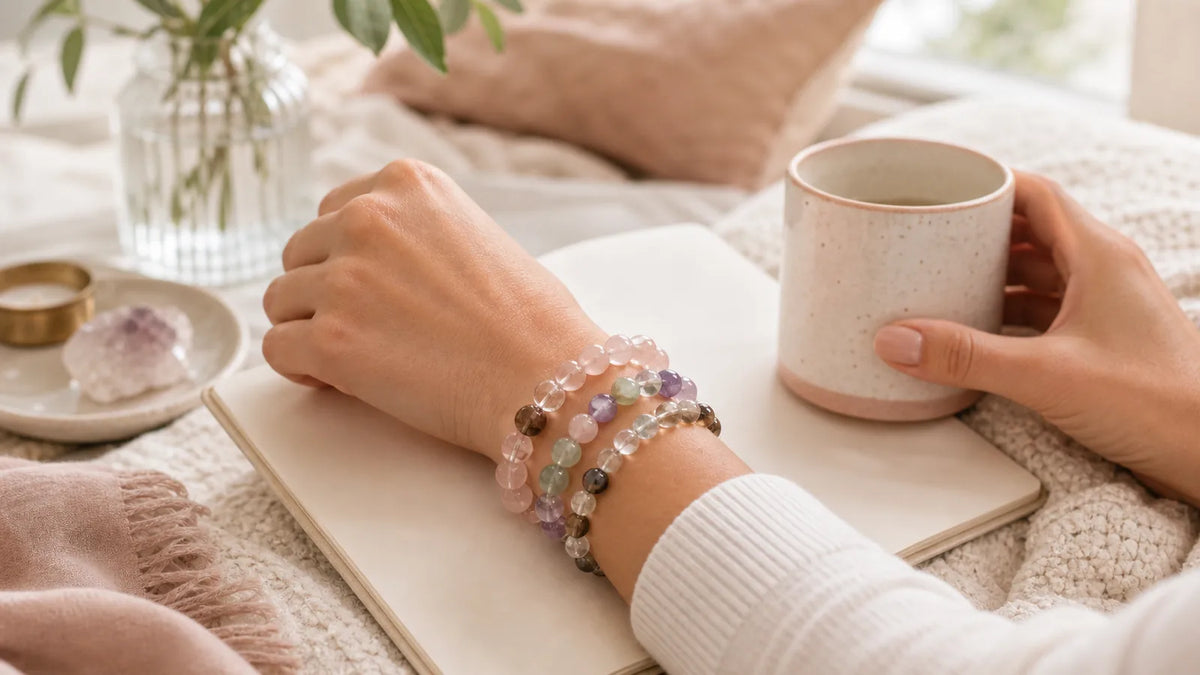 Crystal bracelets worn during a self-care moment with tea and soft textiles