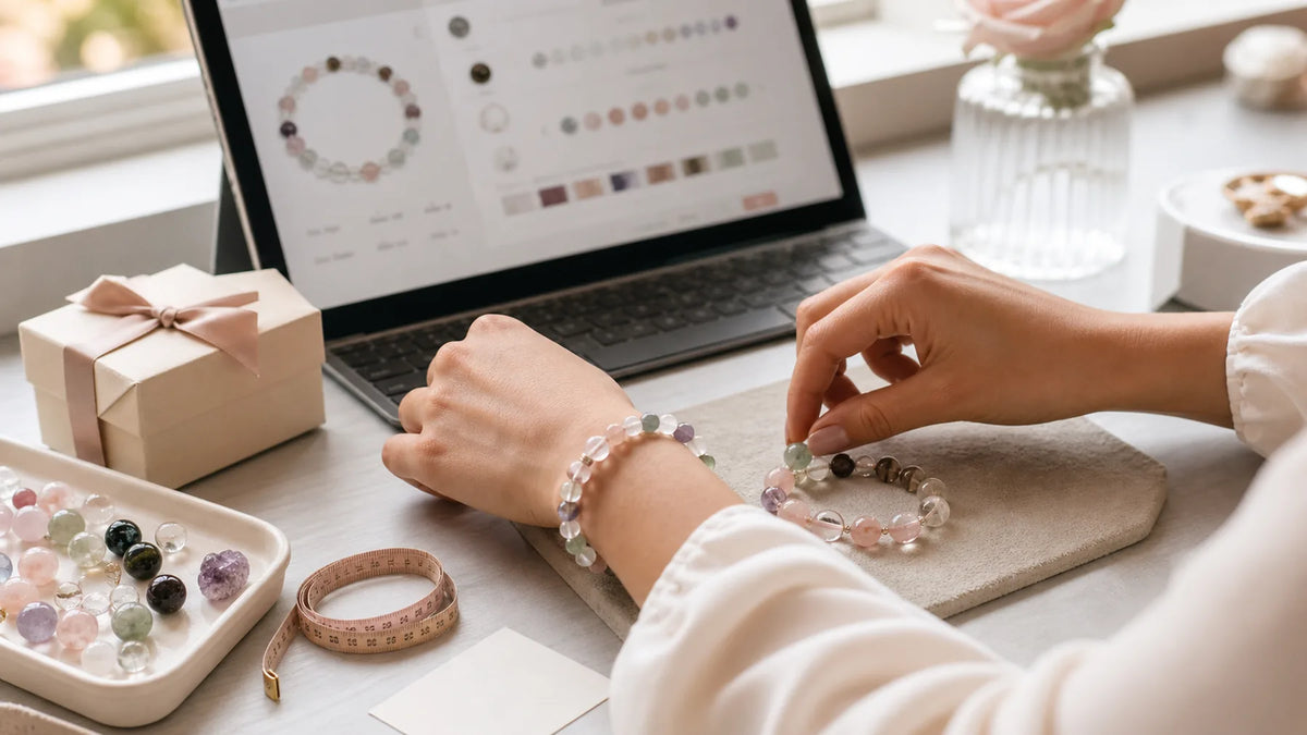 Custom bracelet design workspace with laptop preview and hand assembly