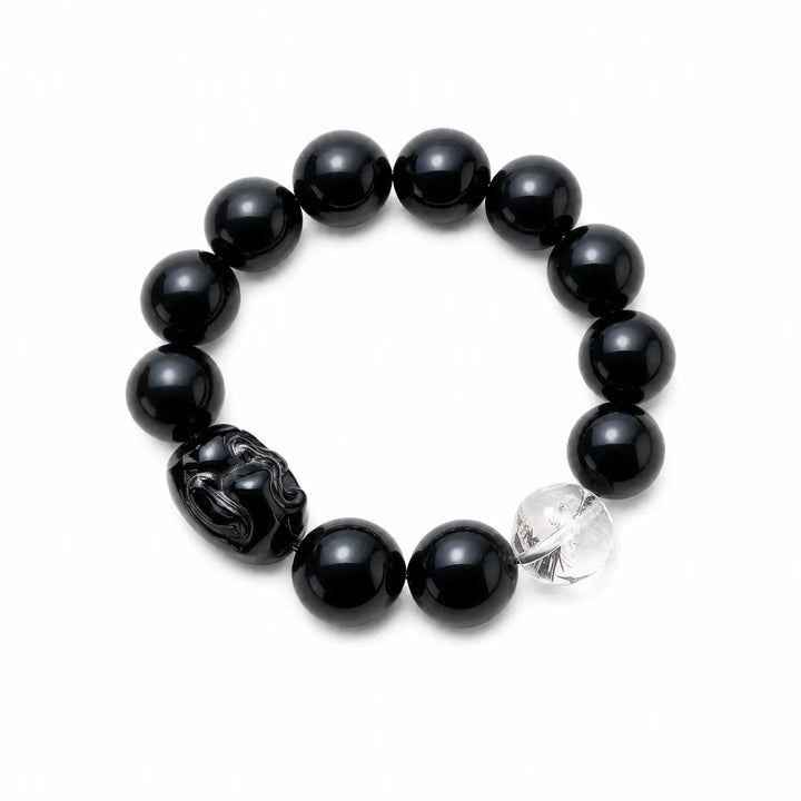 16mm Clear Quartz & Obsidian Bracelet - black obsidian earthy style bracelet main image