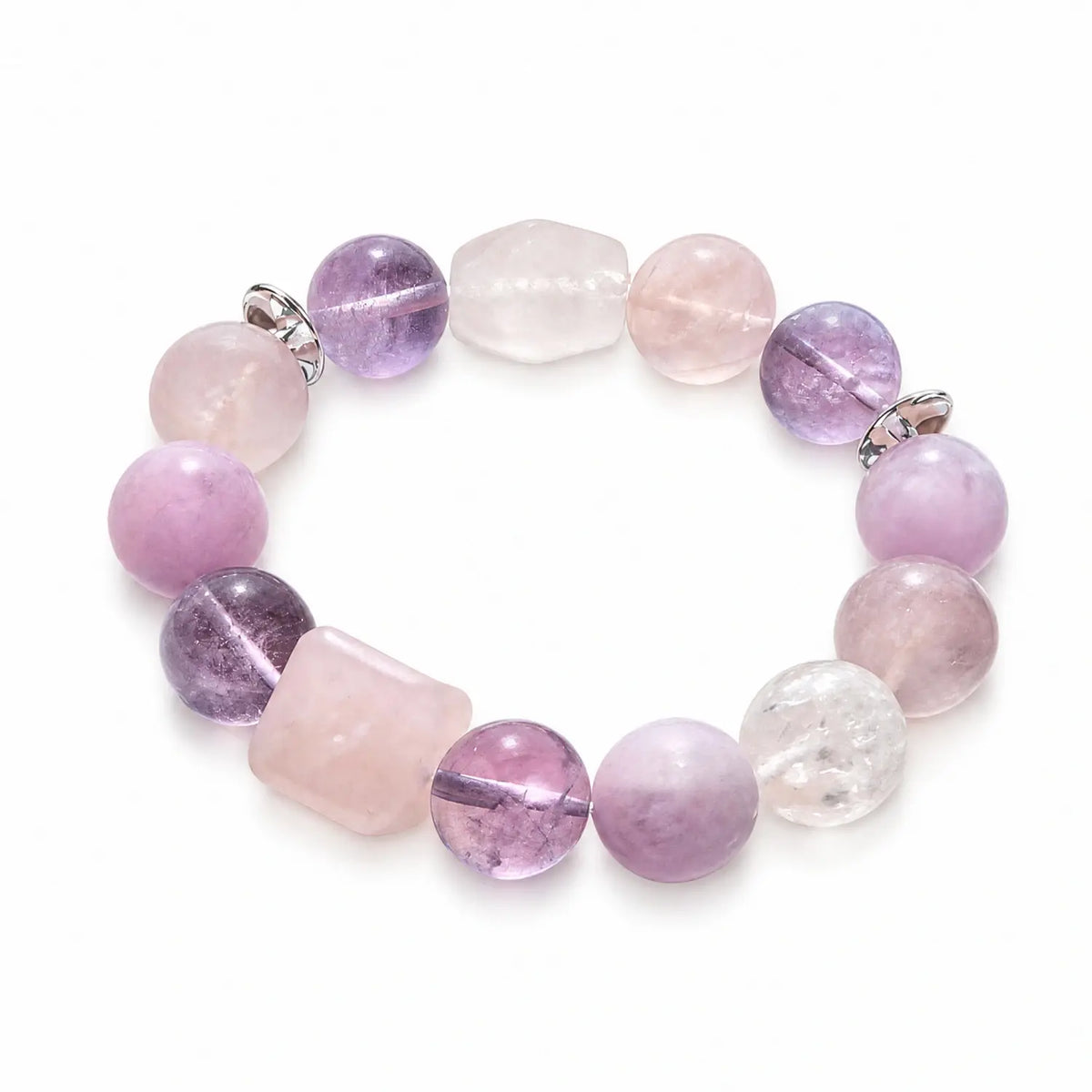 13mm Amethyst, Rose Quartz, Clear Quartz, front view on a clean background, QZENI