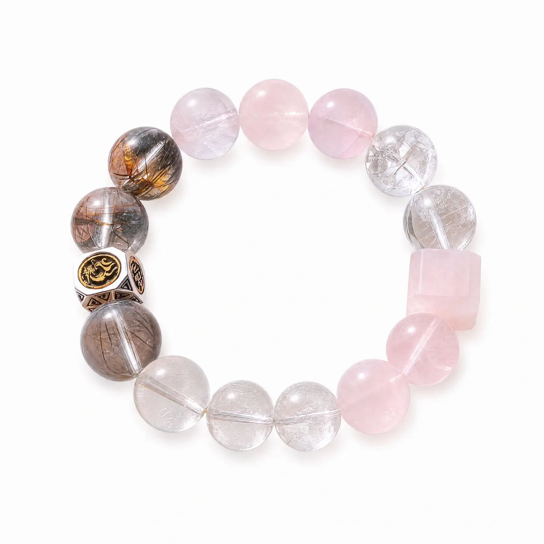 14mm Rose Quartz & Rutilated Quartz & White Phantom Quartz Bracelet - 01 mixed crystal multi stone style bracelet main image