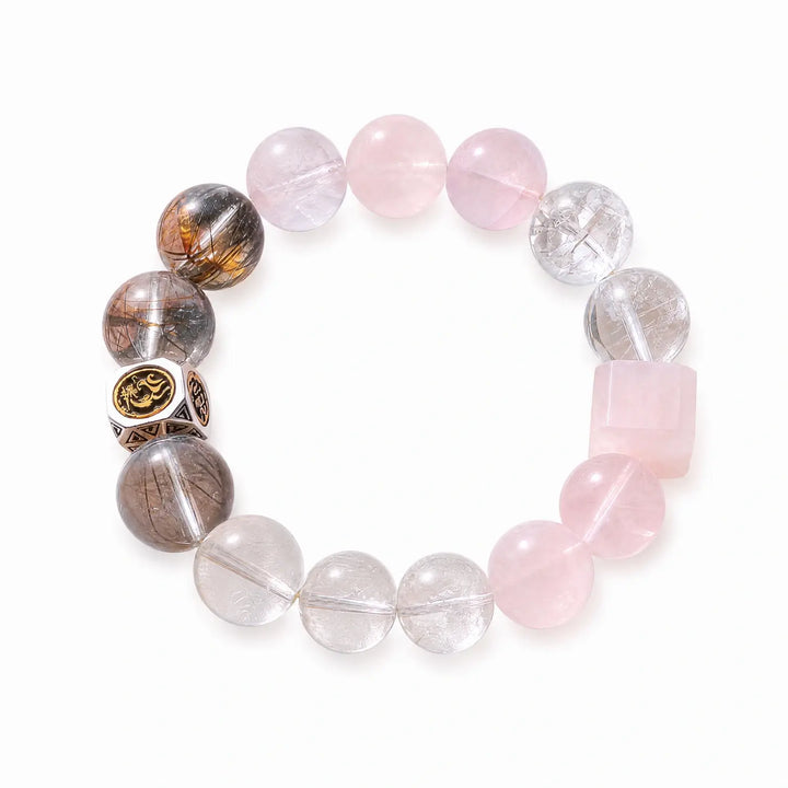 14mm Rose Quartz & Rutilated Quartz & White Phantom Quartz Bracelet - 01 mixed crystal multi stone style bracelet main image