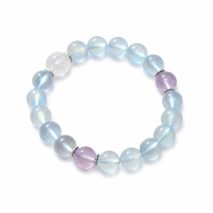 10mm Multi-Stone Crystal Bracelet with Clear Quartz, Aquamarine, Kunzite - opalite glass moonlight glow bracelet main image