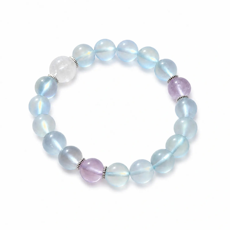 10mm Multi-Stone Crystal Bracelet with Clear Quartz, Aquamarine, Kunzite - opalite glass moonlight glow bracelet main image