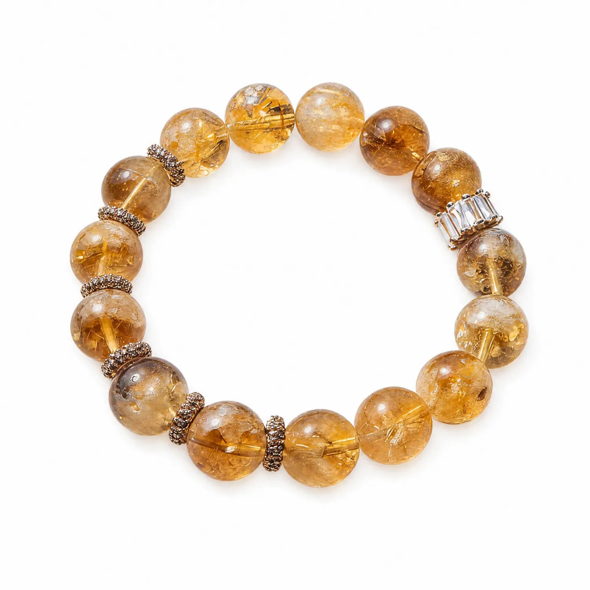 12mm Citrine & Rutilated Quartz Bracelet, front view on a clean background, QZENI