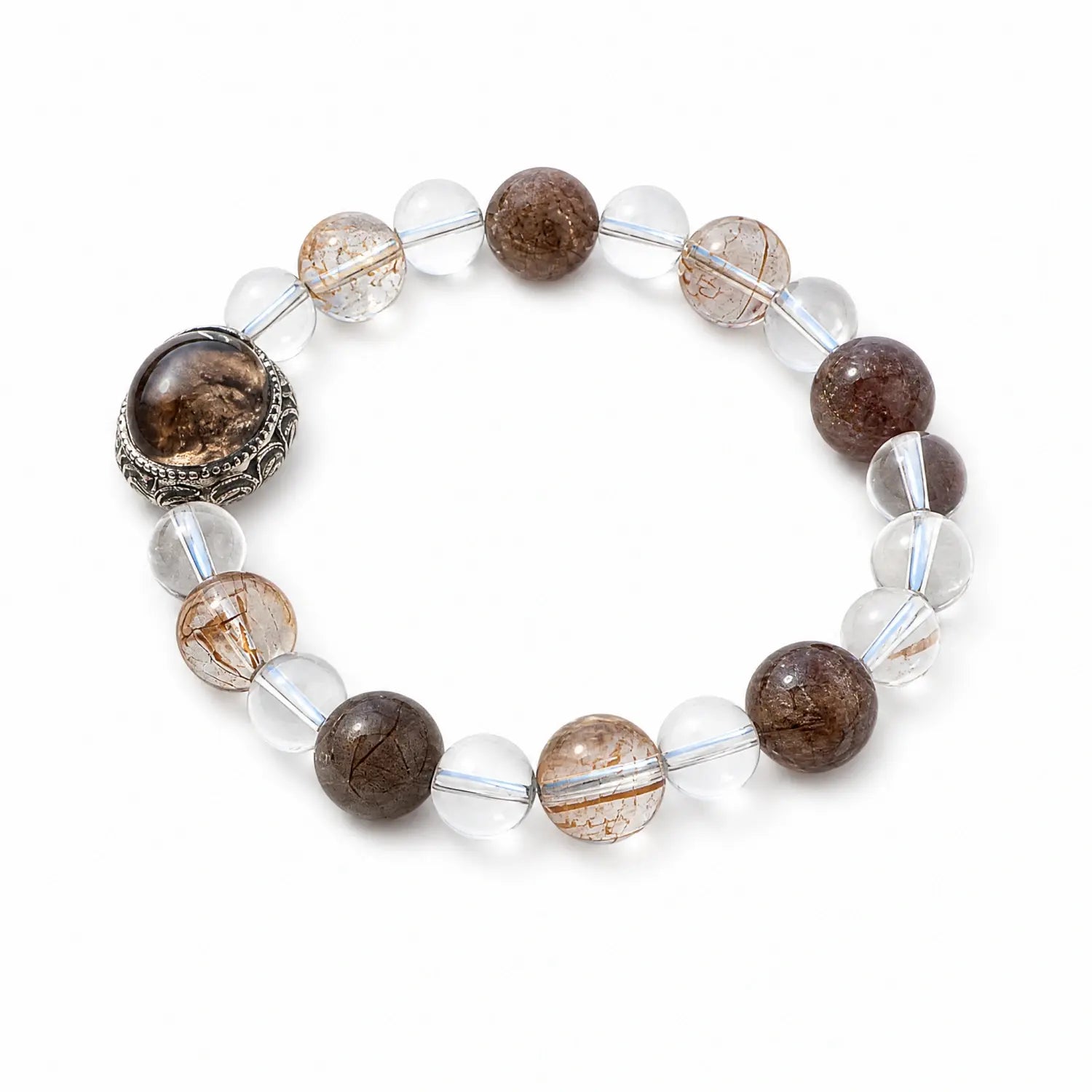 11mm Multi-Stone Crystal Bracelet with Clear Quartz, Copper Rutilated Quartz, Black Rutilated Quartz - rutilated quartz golden inclusion style bracelet main image