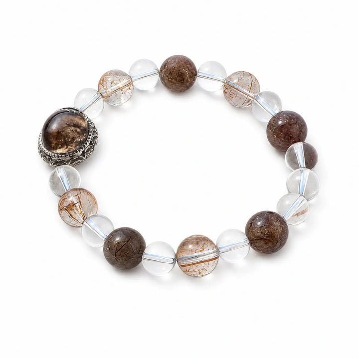 11mm Multi-Stone Crystal Bracelet with Clear Quartz, Copper Rutilated Quartz, Black Rutilated Quartz - rutilated quartz golden inclusion style bracelet main image