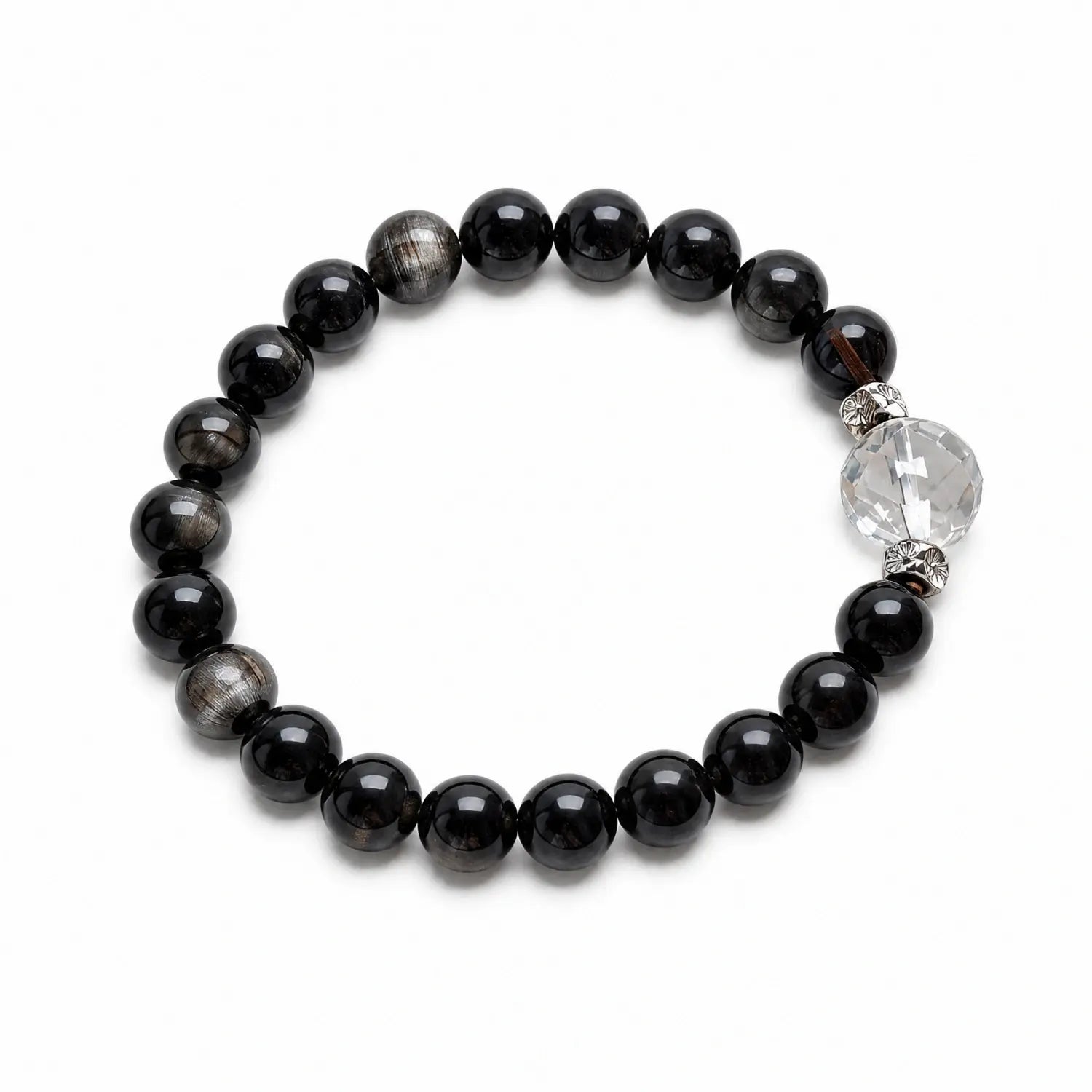 8mm Obsidian, Silver Sheen Obsidian & Clear Quartz Bracelet - silver sheen obsidian earthy style bracelet main image