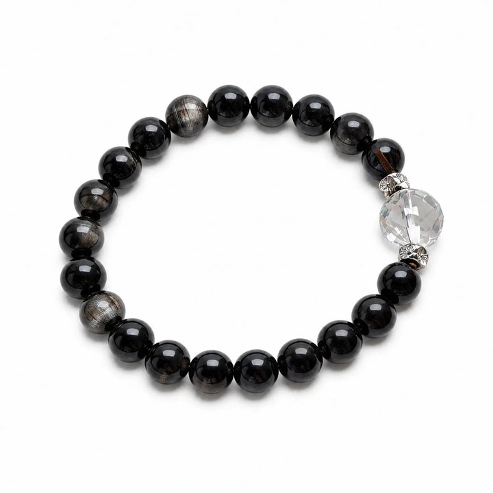 8mm Obsidian, Silver Sheen Obsidian & Clear Quartz Bracelet - silver sheen obsidian earthy style bracelet main image