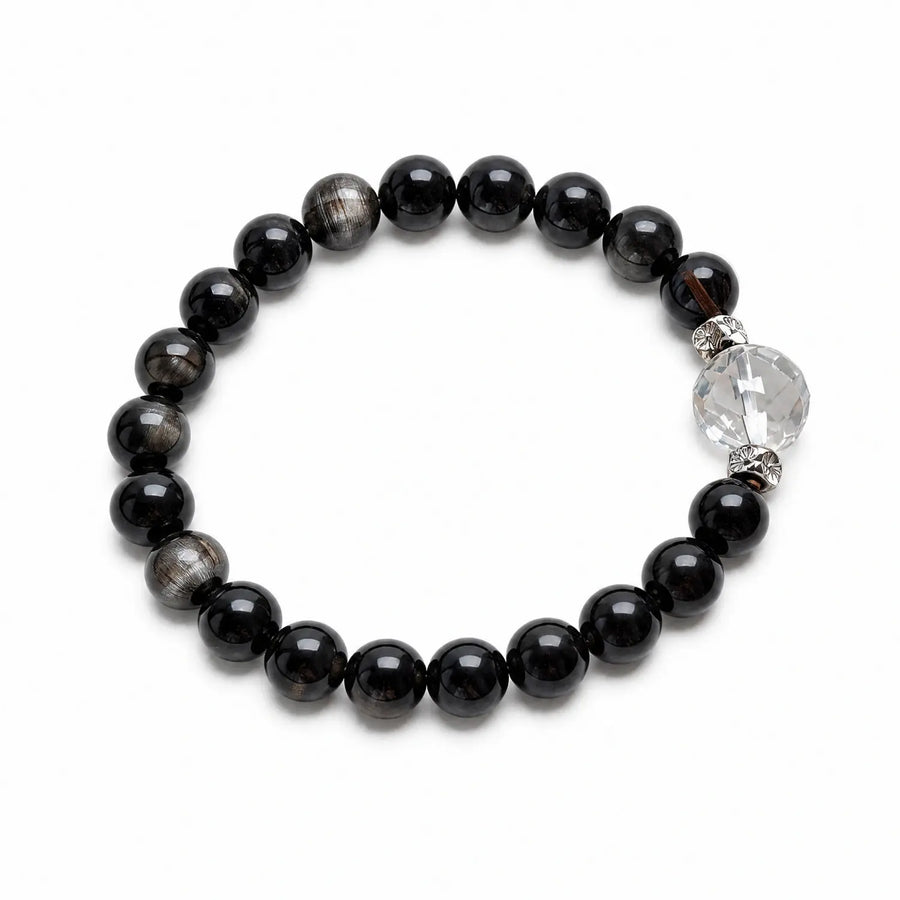 8mm Obsidian, Silver Sheen Obsidian & Clear Quartz Bracelet - silver sheen obsidian earthy style bracelet main image