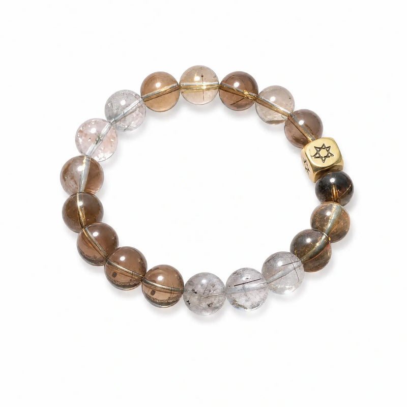 10mm Multi-Stone Crystal Bracelet with Clear Quartz, Rutilated Quartz, Smoky Quartz - smoky quartz earthy style bracelet main image