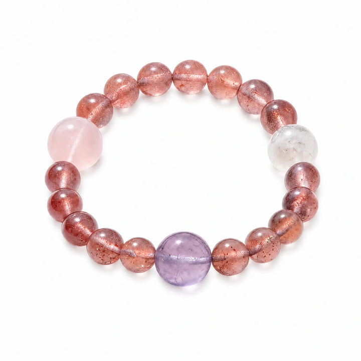 8mm Multi-Stone Crystal Bracelet with Amethyst, Rose Quartz, Clear Quartz - strawberry quartz soft pink style bracelet main image