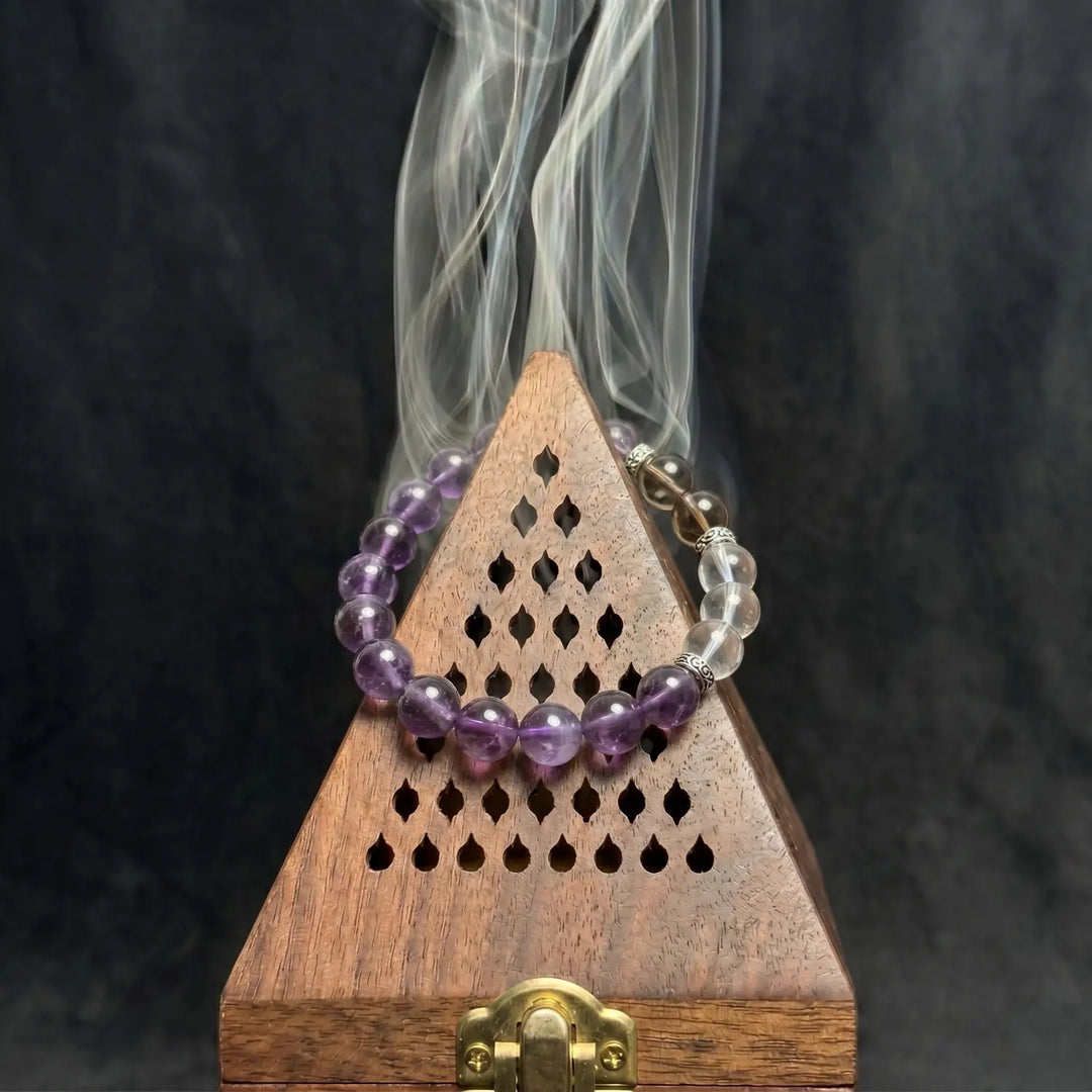 10mm Multi-Stone Crystal Bracelet with Amethyst, Clear Quartz, Smoky Quartz - amethyst cleansing ritual smudge hover image