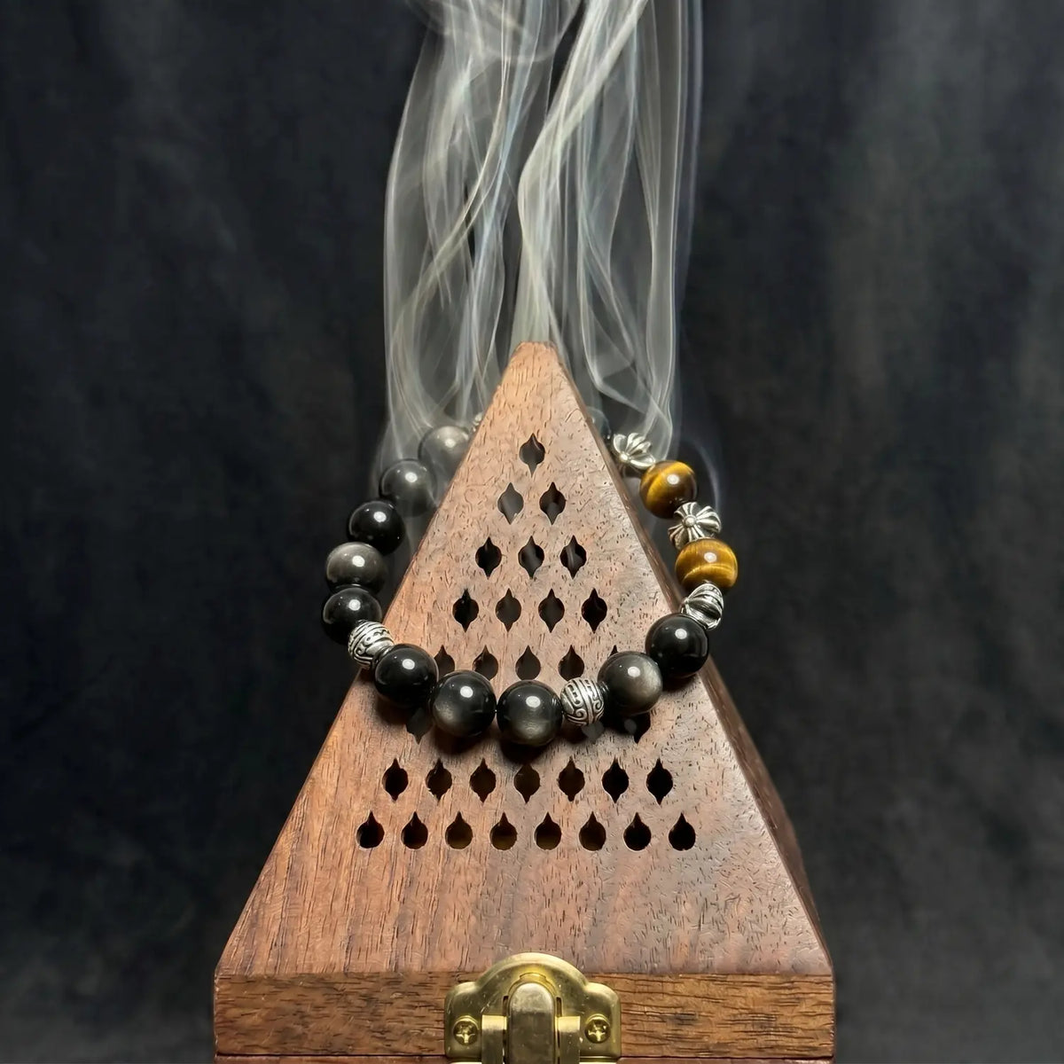 10mm Multi-Stone Crystal Bracelet with Silver Obsidian, Obsidian, Tiger Eye - black obsidian cleansing ritual smudge hover image
