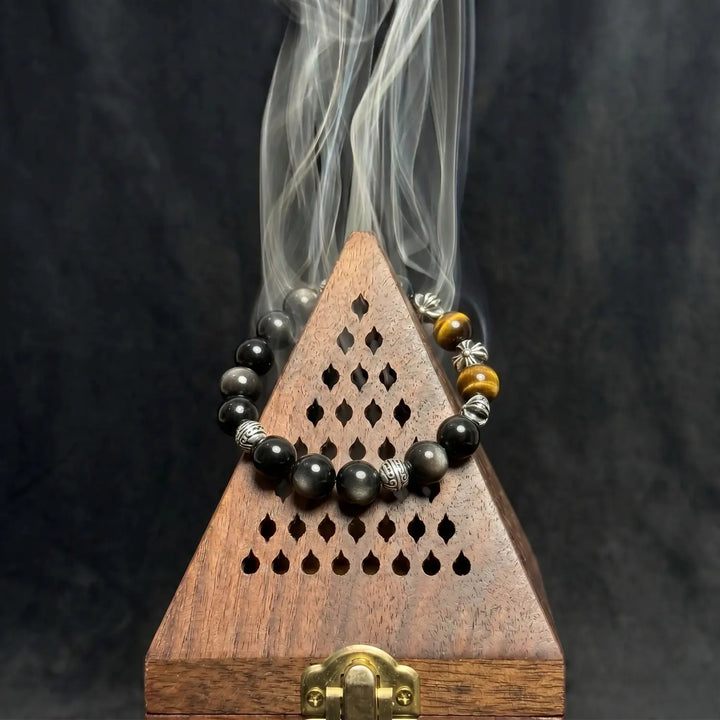 10mm Multi-Stone Crystal Bracelet with Silver Obsidian, Obsidian, Tiger Eye - black obsidian cleansing ritual smudge hover image