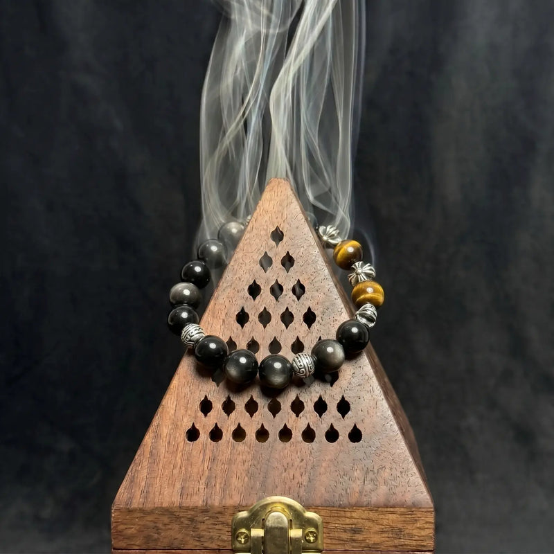 10mm Multi-Stone Crystal Bracelet with Silver Obsidian, Obsidian, Tiger Eye - black obsidian cleansing ritual smudge hover image