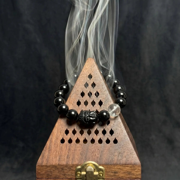 16mm Clear Quartz & Obsidian Bracelet - black obsidian cleansing ritual smudge hover image