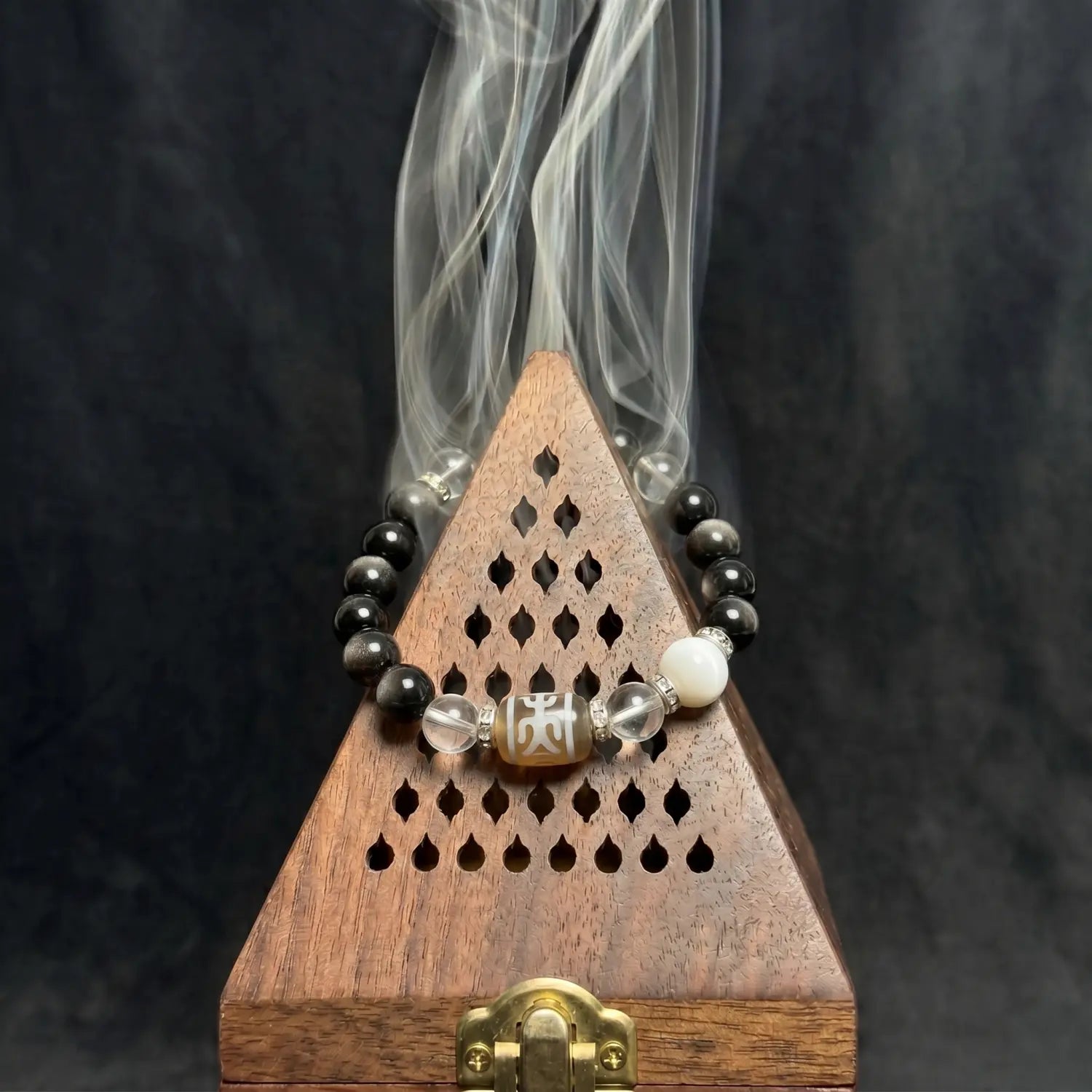 10mm Clear Quartz & Gold Sheen Obsidian & Obsidian Bracelet - 02 gold sheen obsidian cleansing ritual smudge hover image