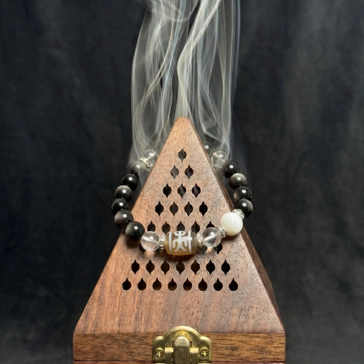 10mm Clear Quartz & Gold Sheen Obsidian & Obsidian Bracelet - 02 gold sheen obsidian cleansing ritual smudge hover image