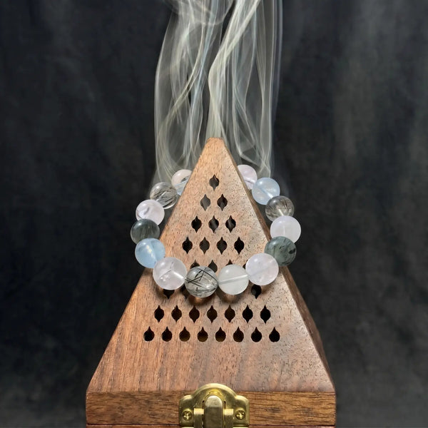 14mm Rose Quartz & Clear Quartz & Aquamarine Bracelet - 02 mixed crystal cleansing ritual smudge hover image