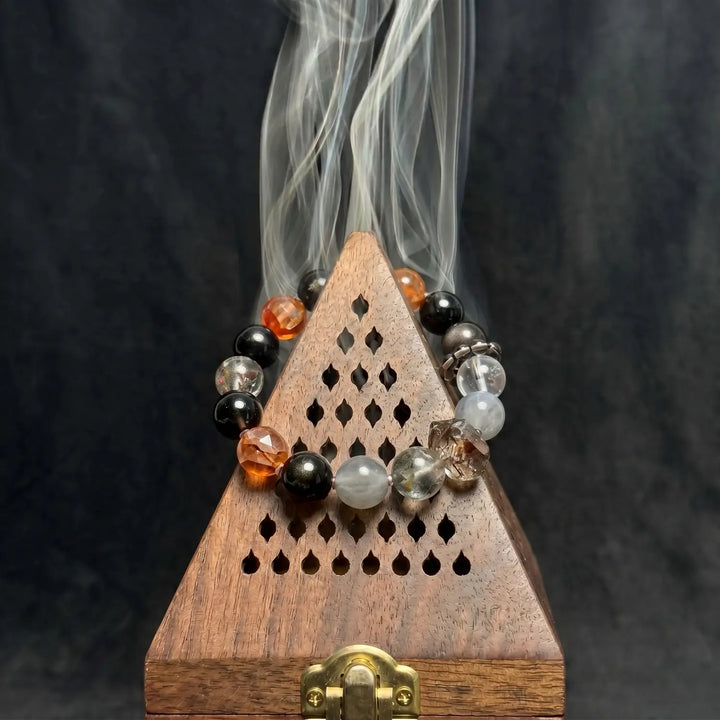 14mm Clear Quartz & Smoky Quartz & Obsidian Bracelet - 02 mixed crystal cleansing ritual smudge hover image