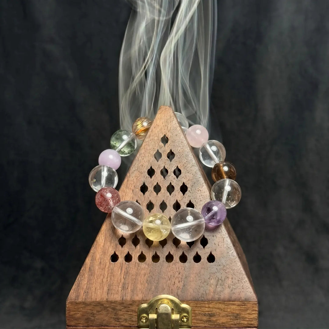 17mm Multi-Stone Crystal Bracelet with Amethyst, Rose Quartz, Clear Quartz - mixed crystal cleansing ritual smudge hover image