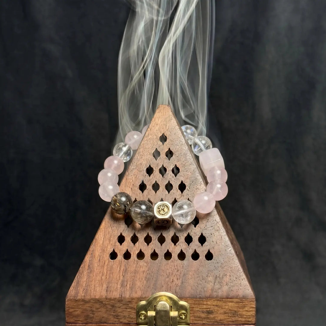 14mm Rose Quartz & Rutilated Quartz & White Phantom Quartz Bracelet - 02 mixed crystal cleansing ritual smudge hover image