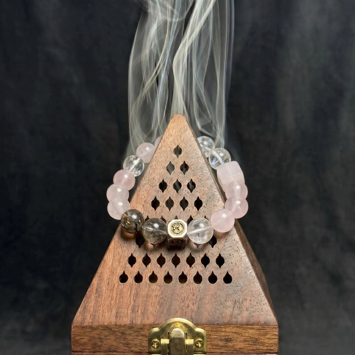 14mm Rose Quartz & Rutilated Quartz & White Phantom Quartz Bracelet - 02 mixed crystal cleansing ritual smudge hover image