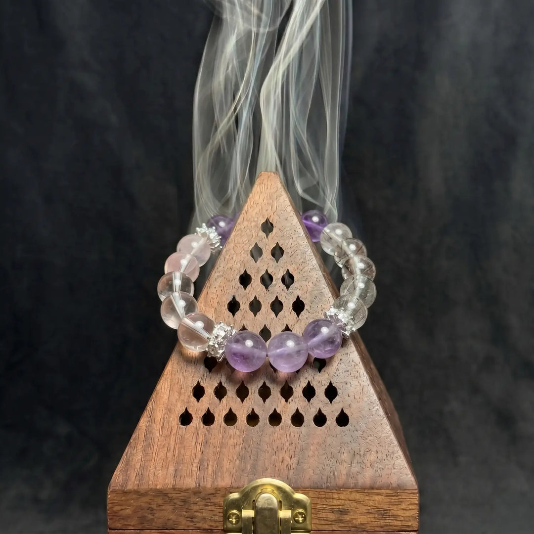 10mm Multi-Stone Crystal Bracelet with Amethyst, Black Rutilated Quartz, Rose Quartz - mixed crystal cleansing ritual smudge hover image