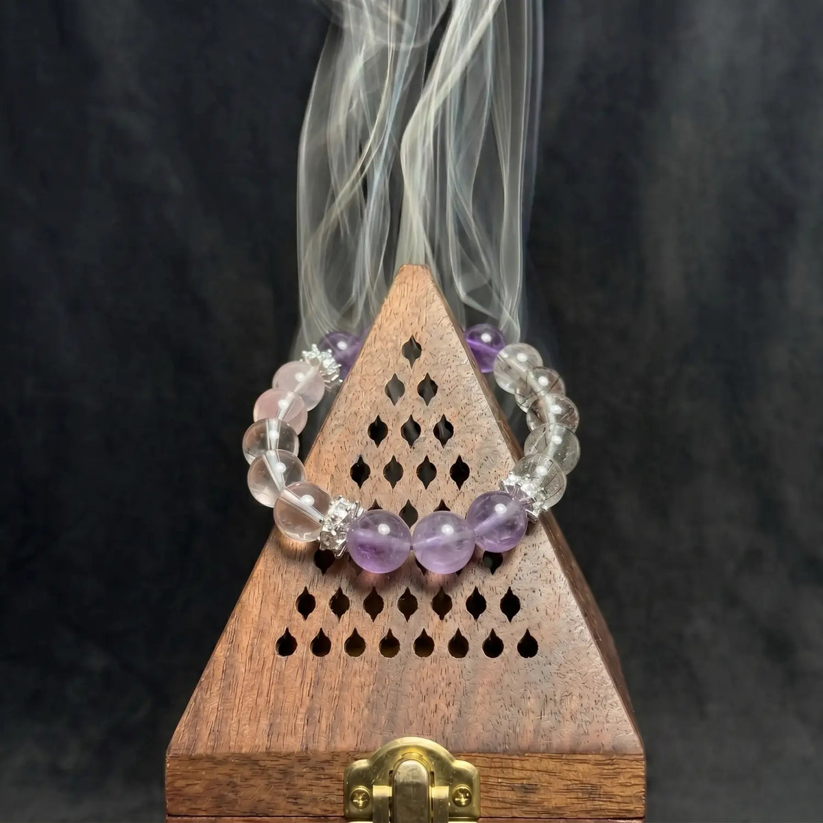 10mm Multi-Stone Crystal Bracelet with Amethyst, Black Rutilated Quartz, Rose Quartz - mixed crystal cleansing ritual smudge hover image