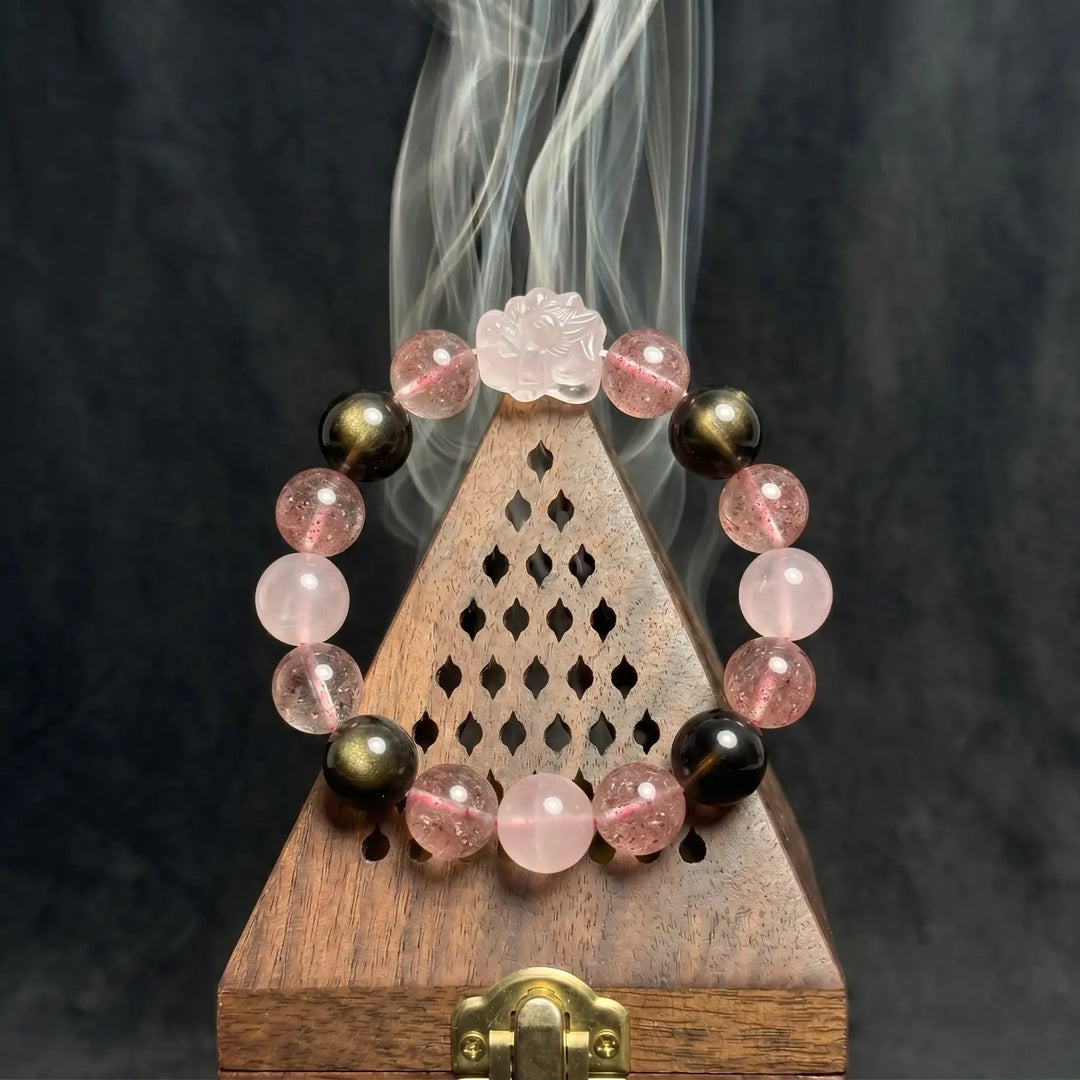 12mm Multi-Stone Crystal Bracelet with Rose Quartz, Strawberry Quartz, Smoky Quartz - mixed crystal cleansing ritual smudge hover image