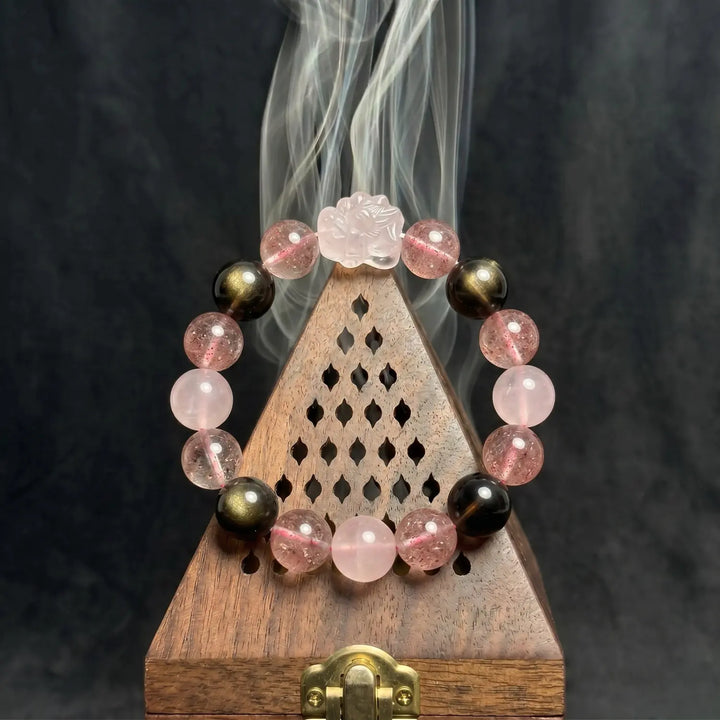 12mm Multi-Stone Crystal Bracelet with Rose Quartz, Strawberry Quartz, Smoky Quartz - mixed crystal cleansing ritual smudge hover image