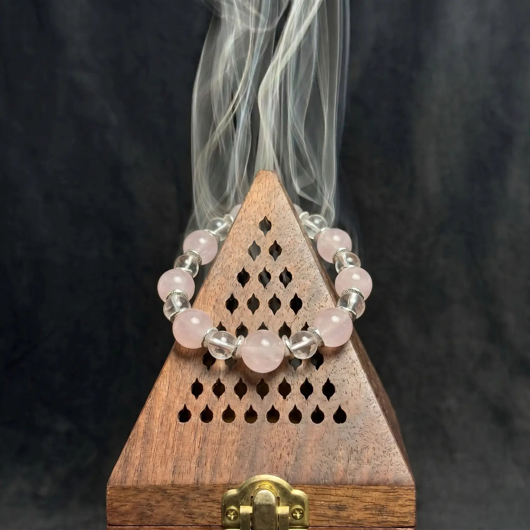 14mm Rose Quartz & Clear Quartz Bracelet - rose quartz cleansing ritual smudge hover image