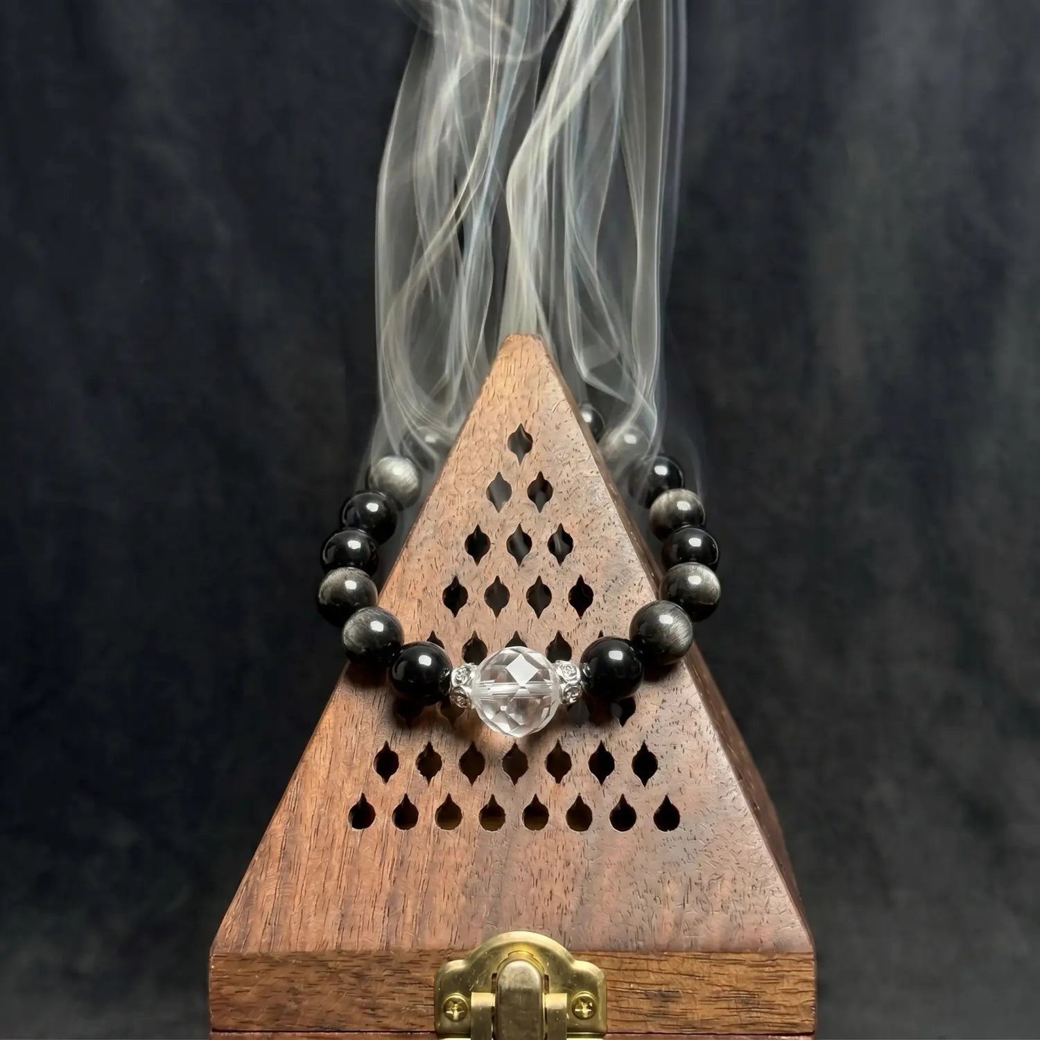 8mm Obsidian, Silver Sheen Obsidian & Clear Quartz Bracelet - silver sheen obsidian cleansing ritual smudge hover image