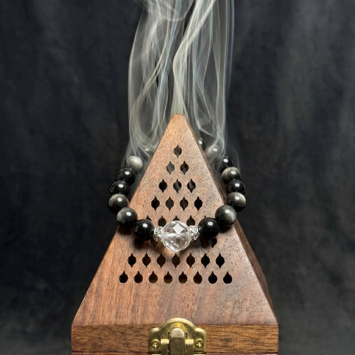 8mm Obsidian, Silver Sheen Obsidian & Clear Quartz Bracelet - silver sheen obsidian cleansing ritual smudge hover image
