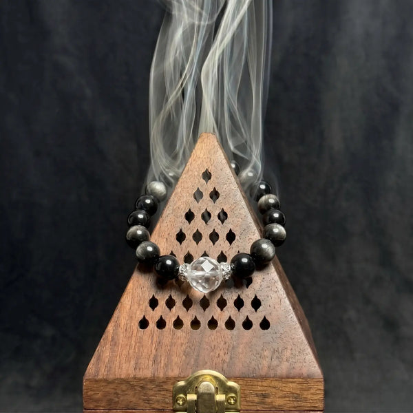 8mm Obsidian, Silver Sheen Obsidian & Clear Quartz Bracelet - silver sheen obsidian cleansing ritual smudge hover image