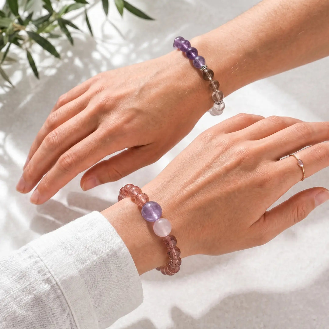 10mm Multi-Stone Crystal Bracelet with Amethyst, Clear Quartz, Smoky Quartz - amethyst spiritual connection couples gift