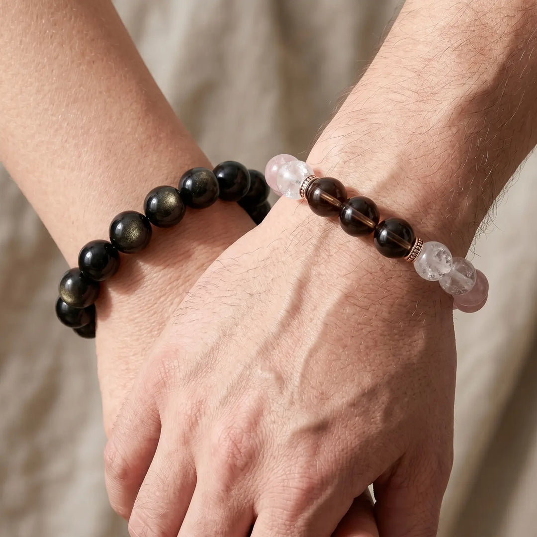 16mm Black Obsidian & Obsidian Bracelet - 03 black obsidian spiritual connection couples gift