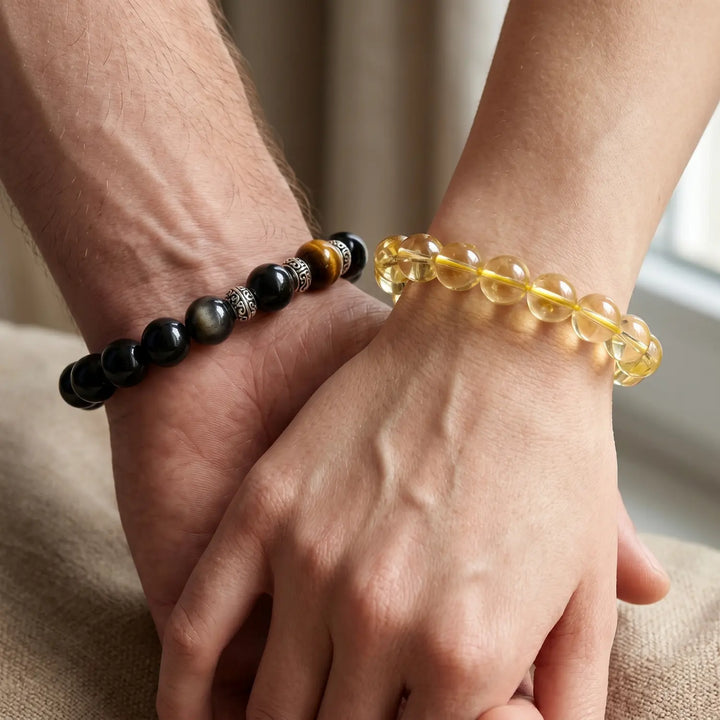10mm Multi-Stone Crystal Bracelet with Silver Obsidian, Obsidian, Tiger Eye - black obsidian spiritual connection couples gift