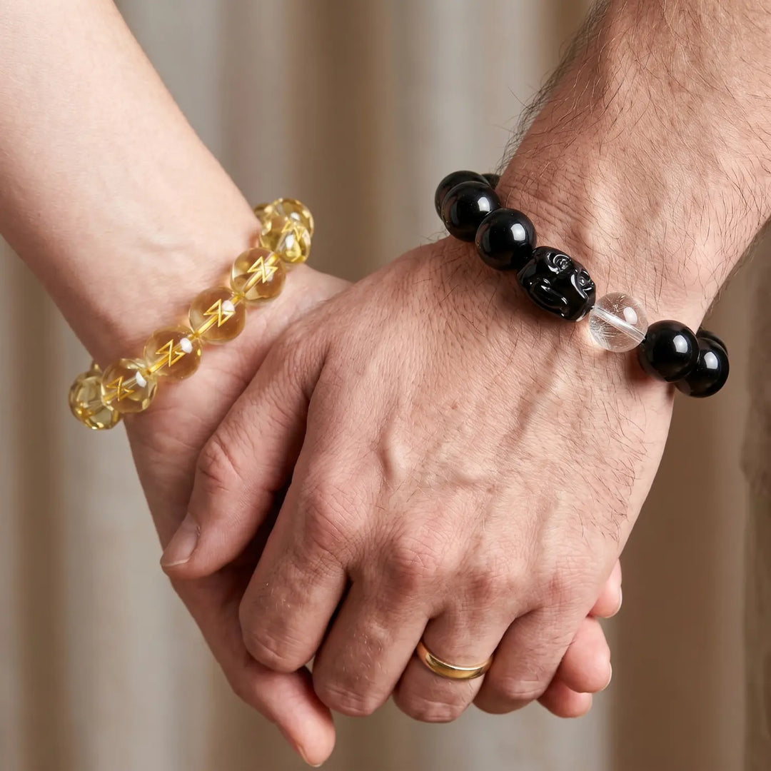 16mm Clear Quartz & Obsidian Bracelet - black obsidian spiritual connection couples gift
