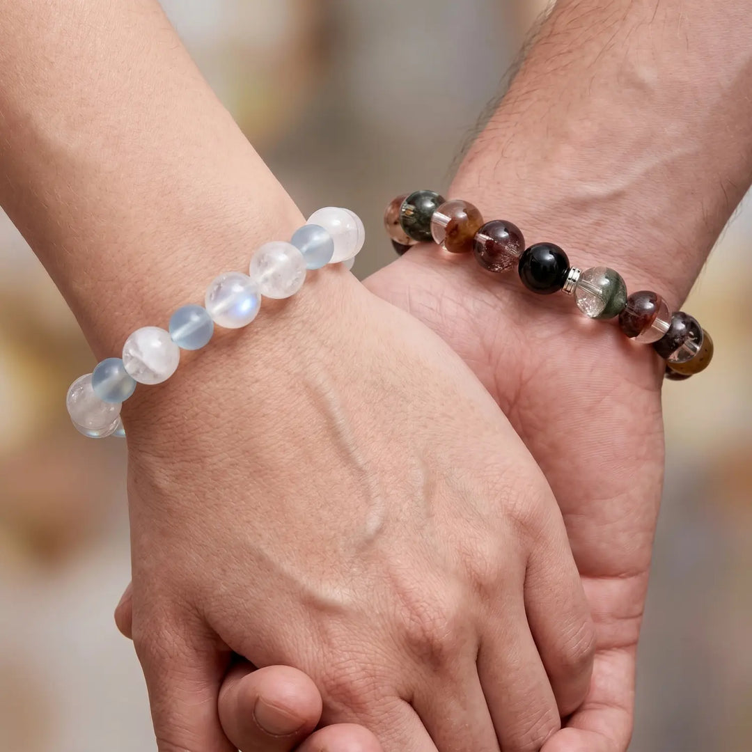 13mm Multi-Stone Crystal Bracelet with White Phantom Quartz, Moonstone, Aquamarine - clear quartz spiritual connection couples gift