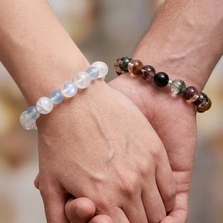 13mm Multi-Stone Crystal Bracelet with White Phantom Quartz, Moonstone, Aquamarine - clear quartz spiritual connection couples gift