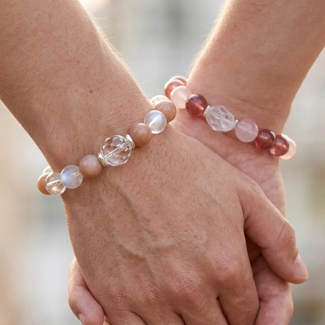 10mm Clear Quartz & Sunstone Bracelet - clear quartz spiritual connection couples gift